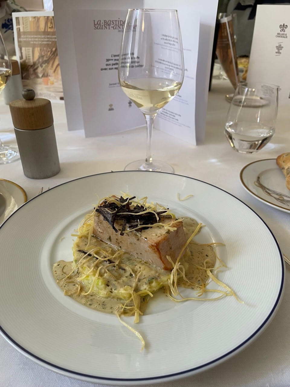 Second course for the Chibois truffle lunch, swordfish with truffled potato puree and truffle creme.