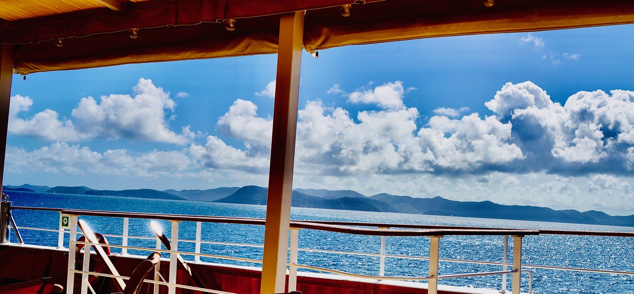 View of the Caribbean islands from the Sea Cloud Spirit's dining area.