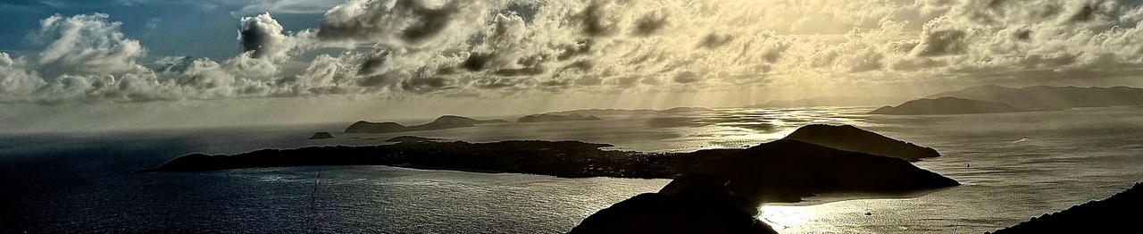 Panoramic sunset view over the Caribbean islands.