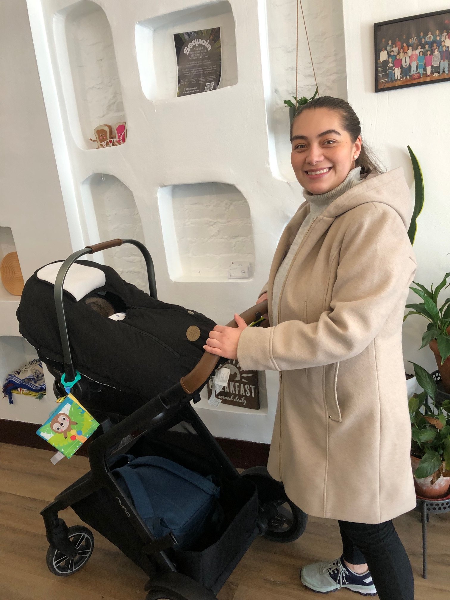 Old Town resident Marianna with baby at Wells Street Kitchen & Juice