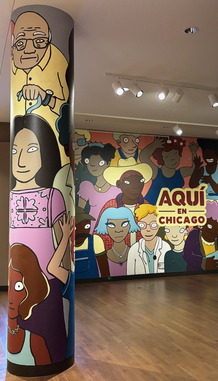 Cecilia Beaven's murals on the wall and column inside the Aquí en Chicago gallery