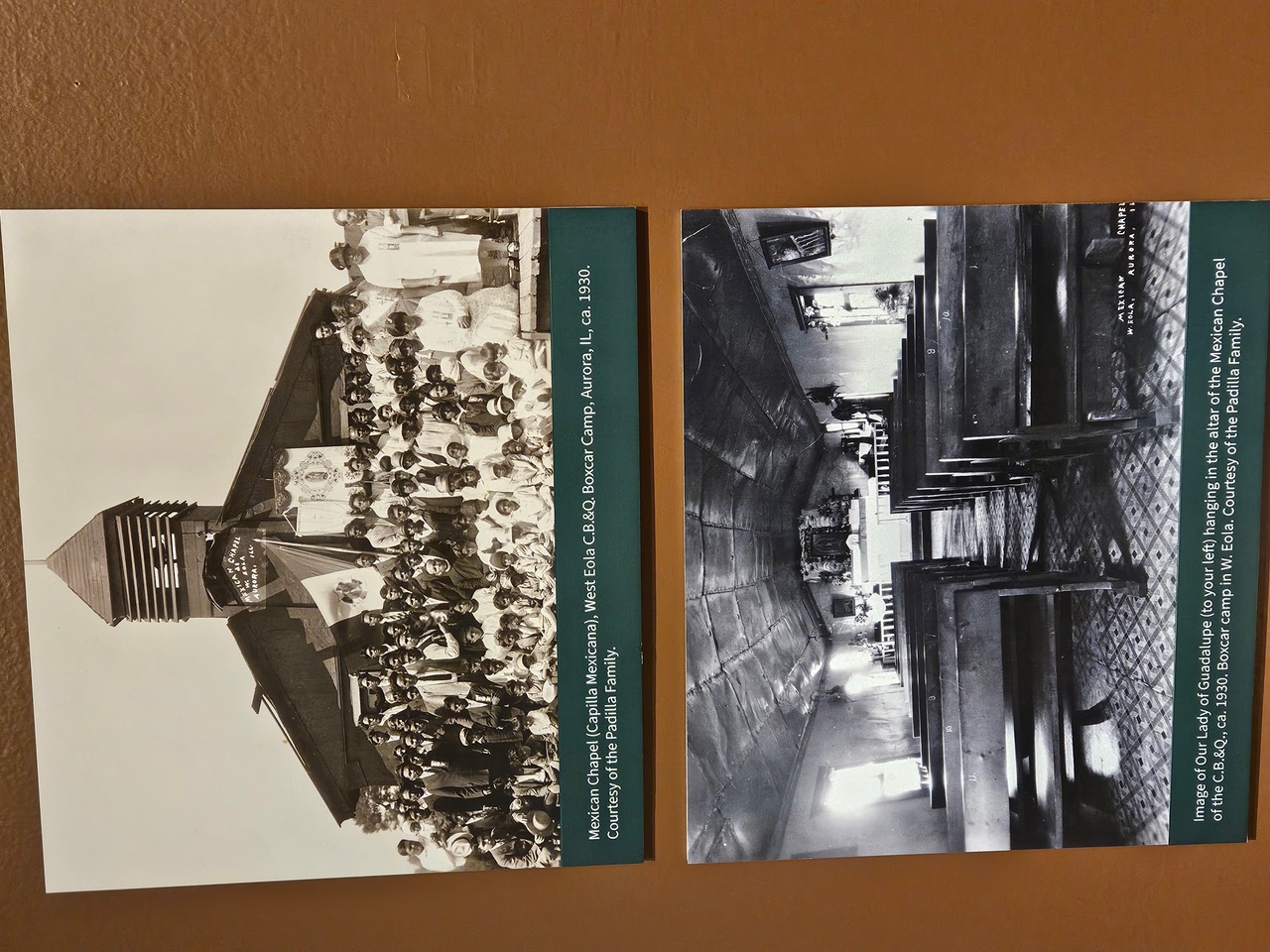 Historic photographs from the exhibition: the Capilla Mexicana at the West Eola C.B.&Q. Boxcar Camp, Aurora, IL, ca. 1930, and the altar of the Mexican Chapel