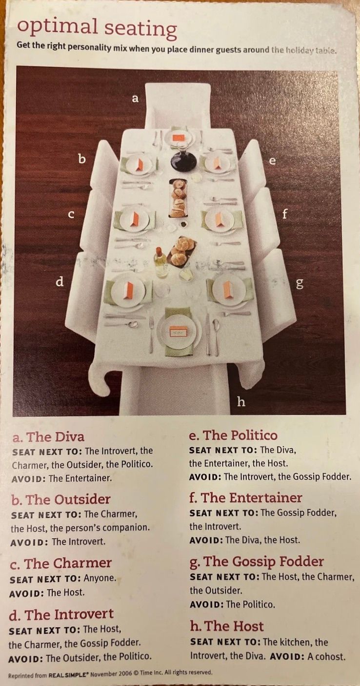 Vintage-style card: 'Tips from Helen, the almost-licensed party planner' — When seating guests, it's best not to place all the shallow people together