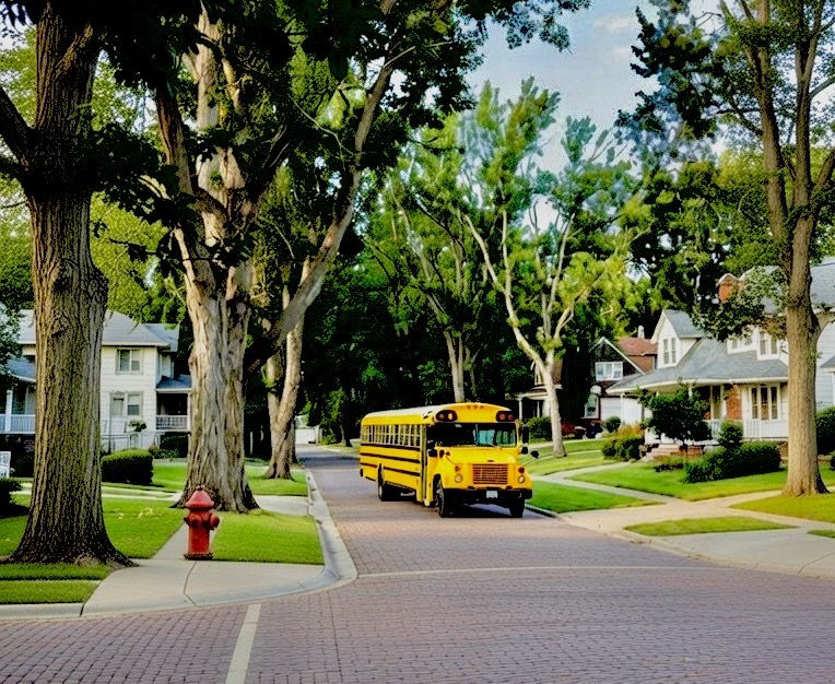 A school bus on a tree-lined residential street
