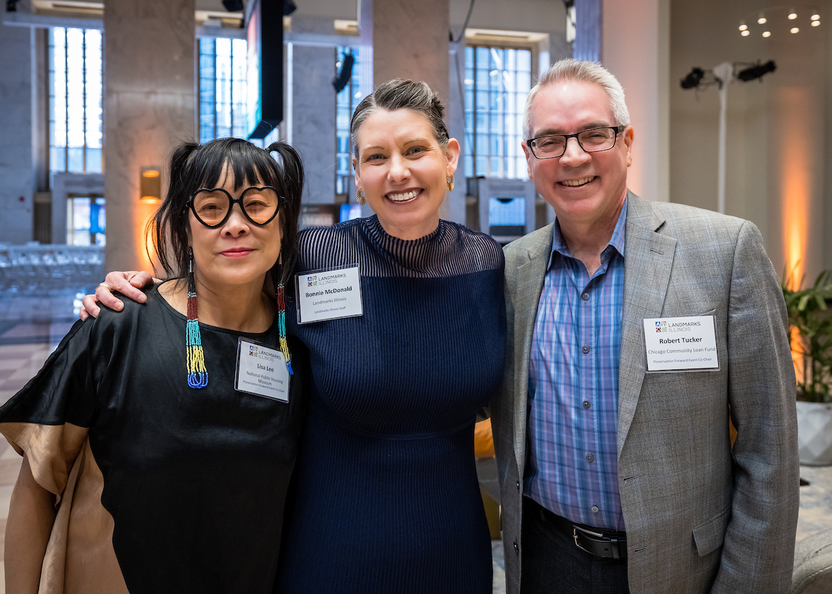 Landmarks Illinois President Bonnie McDonald with Co-Chairs Lisa Yun Lee and Bob Tucker