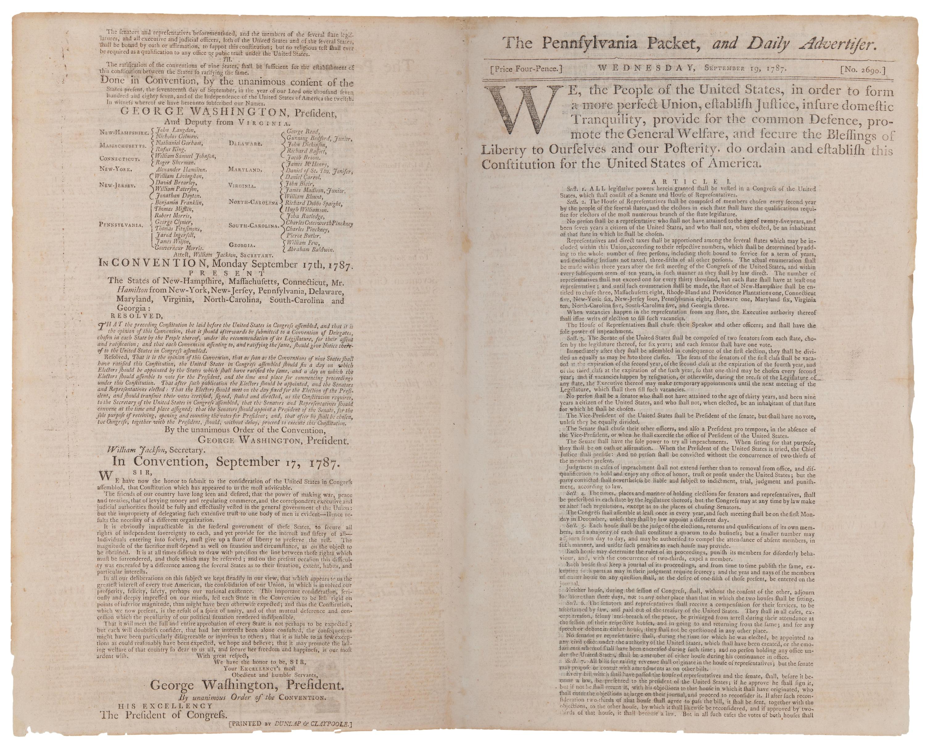 U.S. Constitution printed in The Pennsylvania Packet and Daily Advertiser
