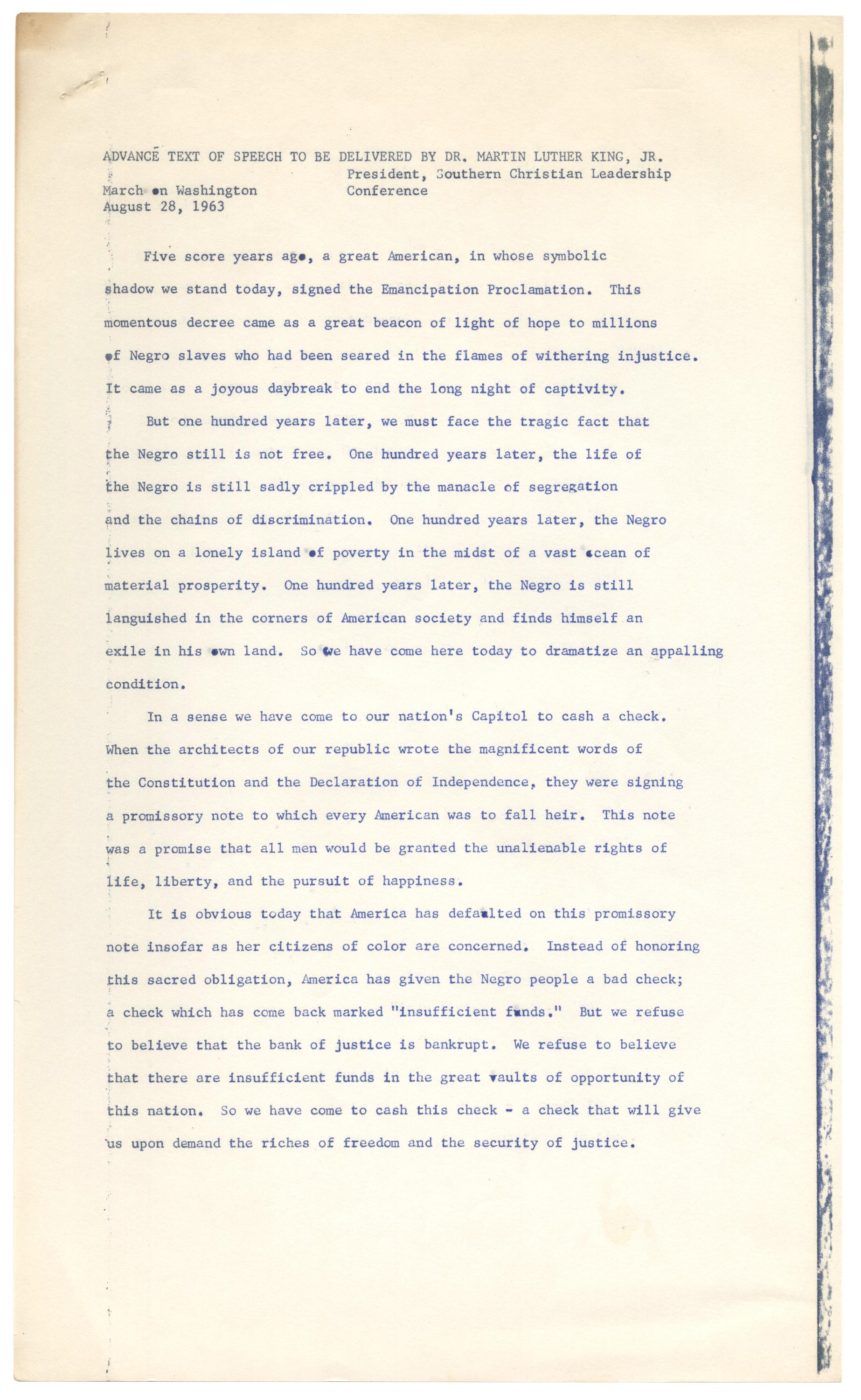 Martin Luther King Jr., I Have a Dream speech mimeograph, page 2