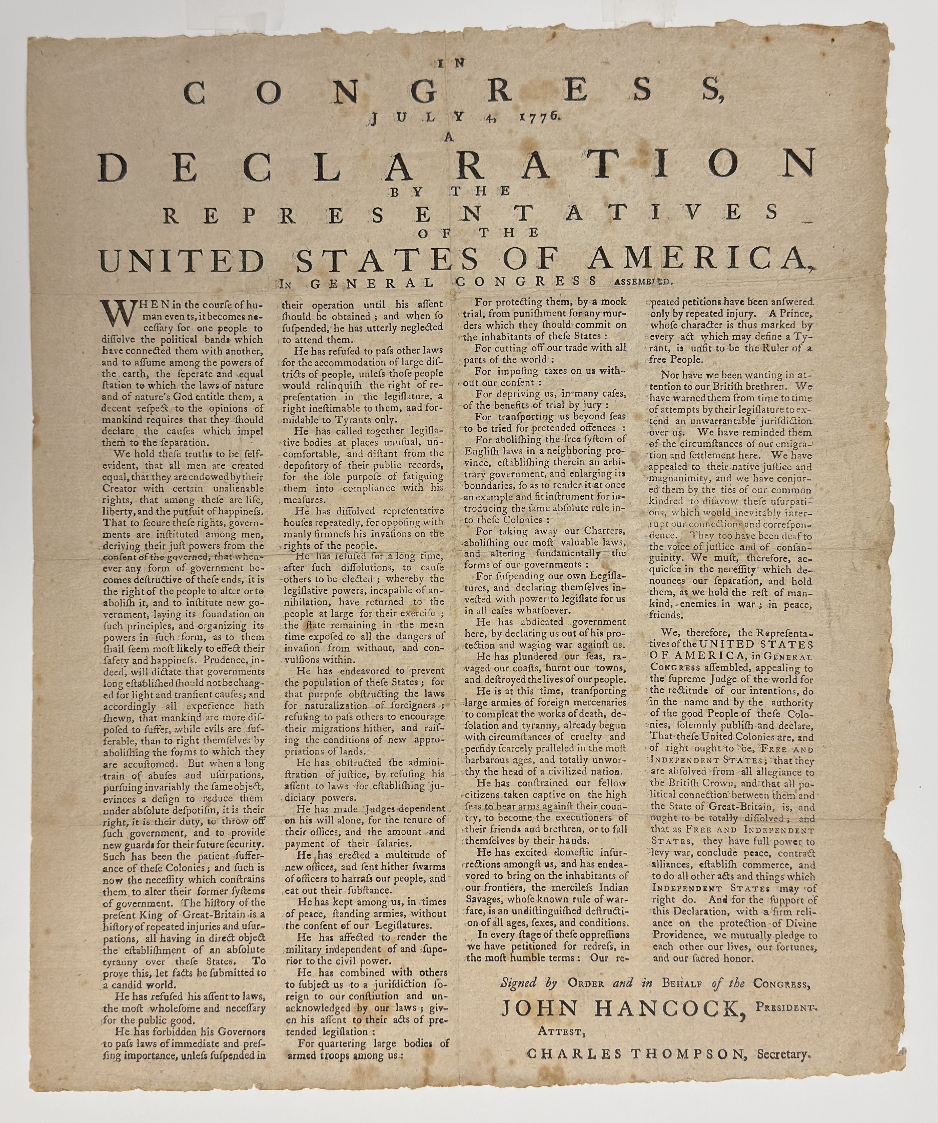 Declaration of Independence broadside, 1776