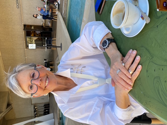 Tracy enjoying a cup of coffee at the Palm Springs Art Museum