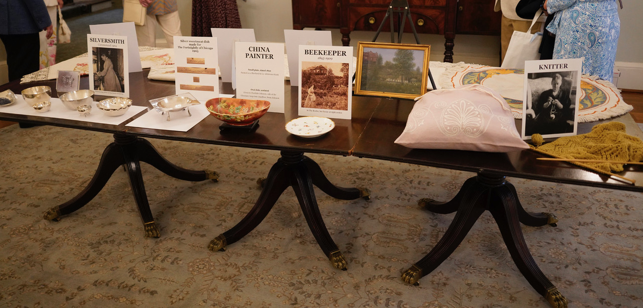 Frances Glessner's handicrafts on display in the dining room
