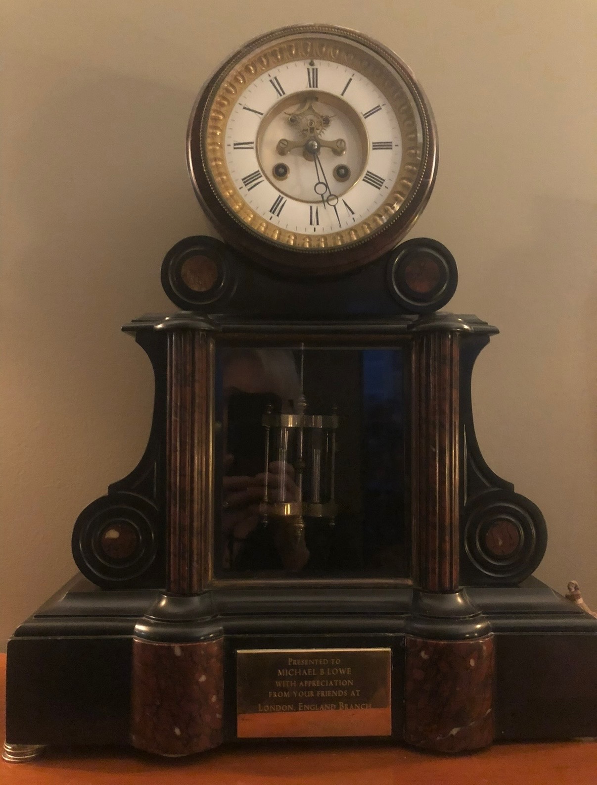 Restored antique French marble mantel clock with mercury pendulum