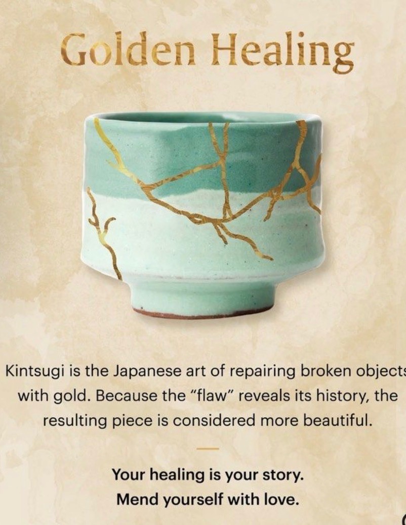 Golden Healing: teal kintsugi tea bowl with gold seams