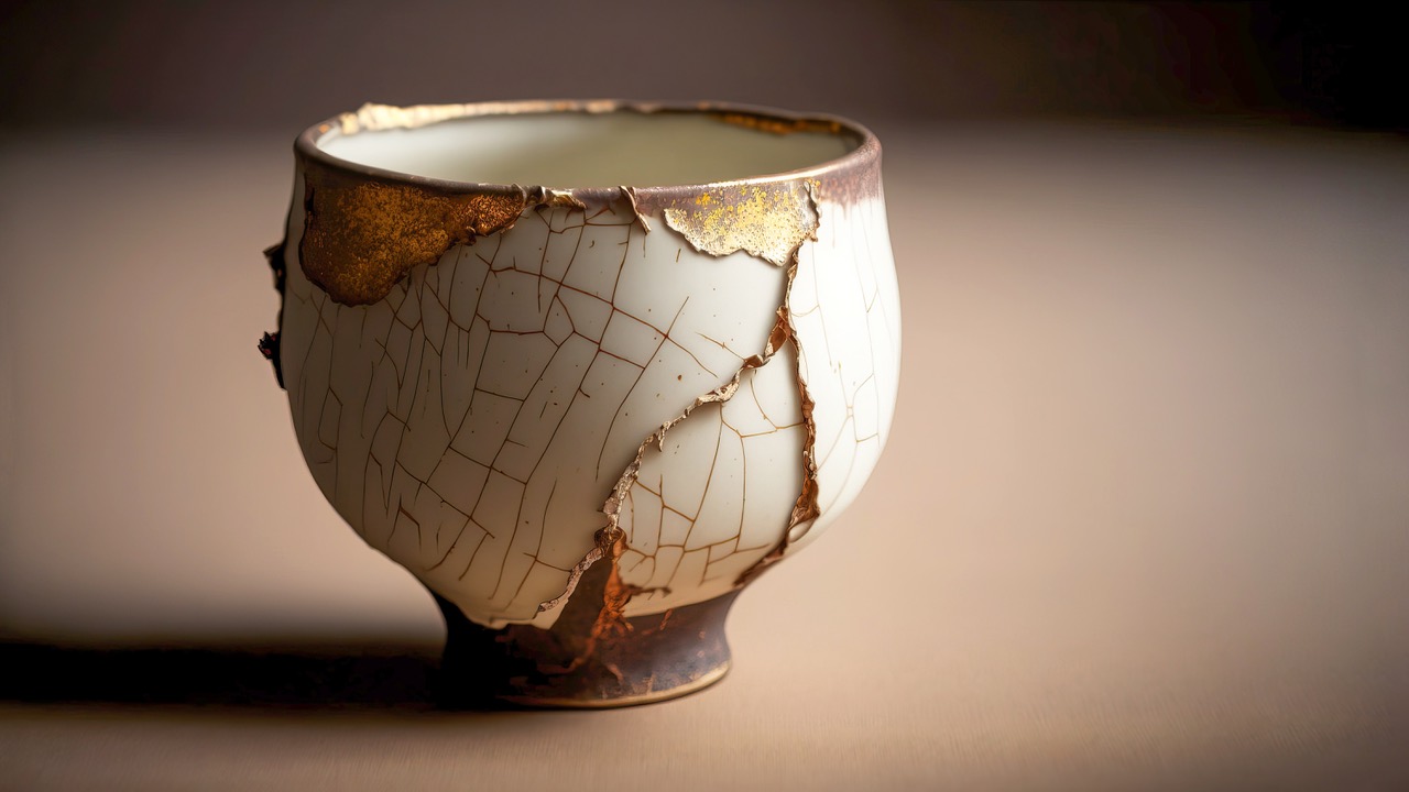 White crackled tea bowl with gold seams