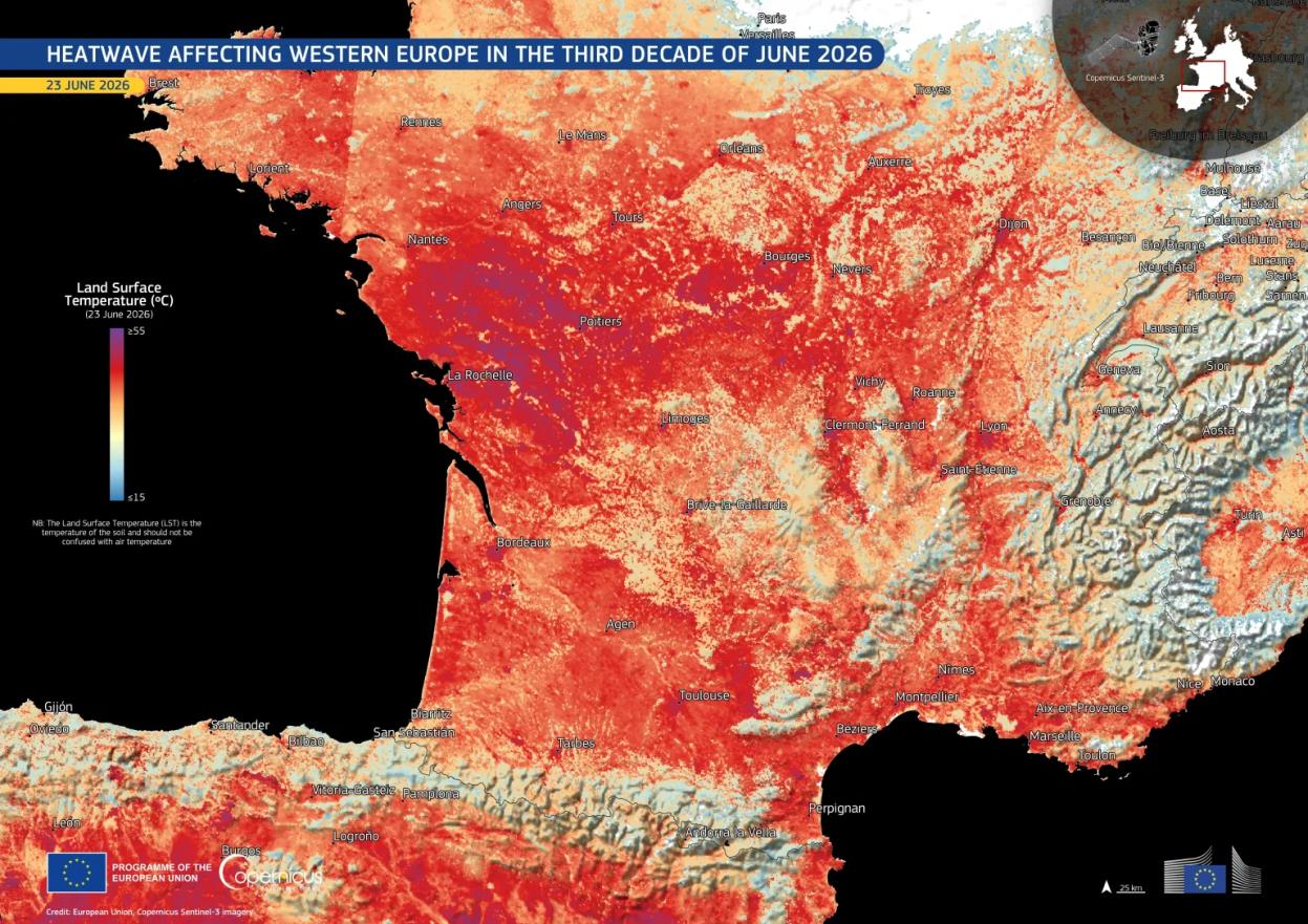 Satellite map of the heatwave affecting Western Europe in June 2026