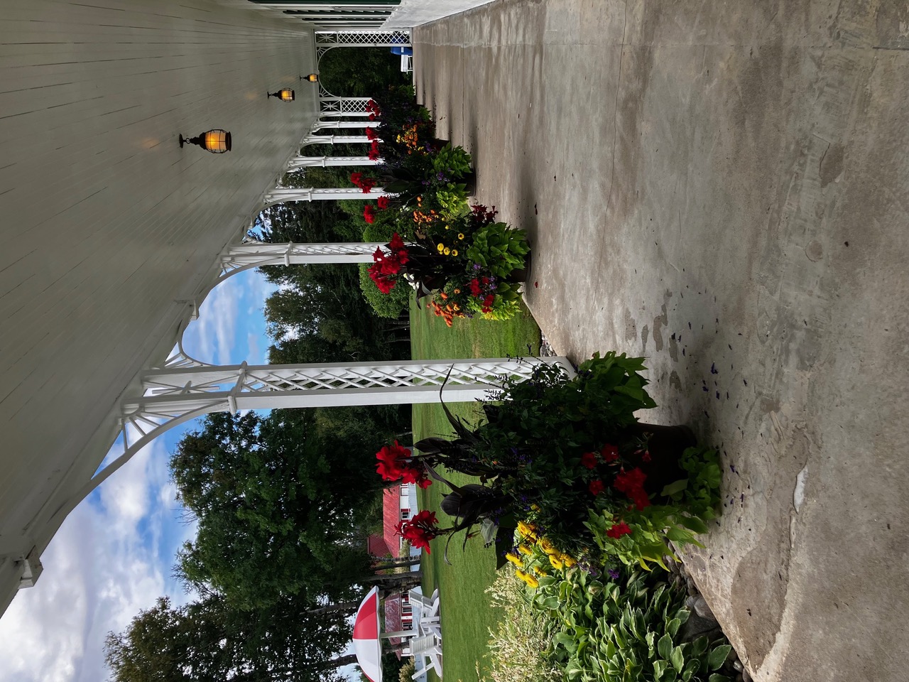 A flower-lined path along the marina